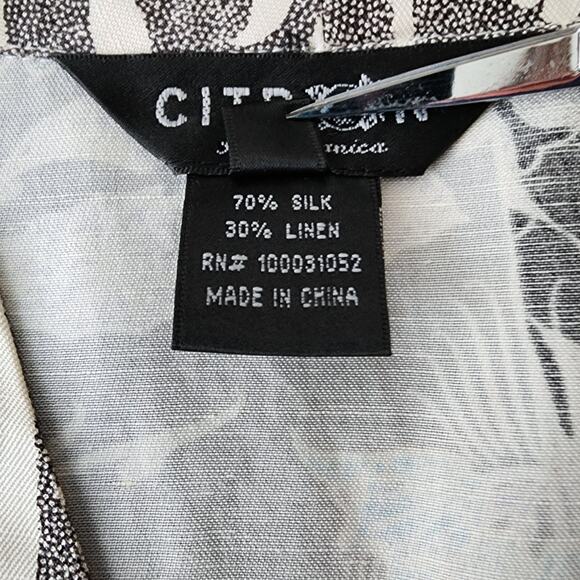 Citron Silk Linen Blouse Art to Wear Button Front Grecian Floral Roomy Medium - Picture 3 of 8